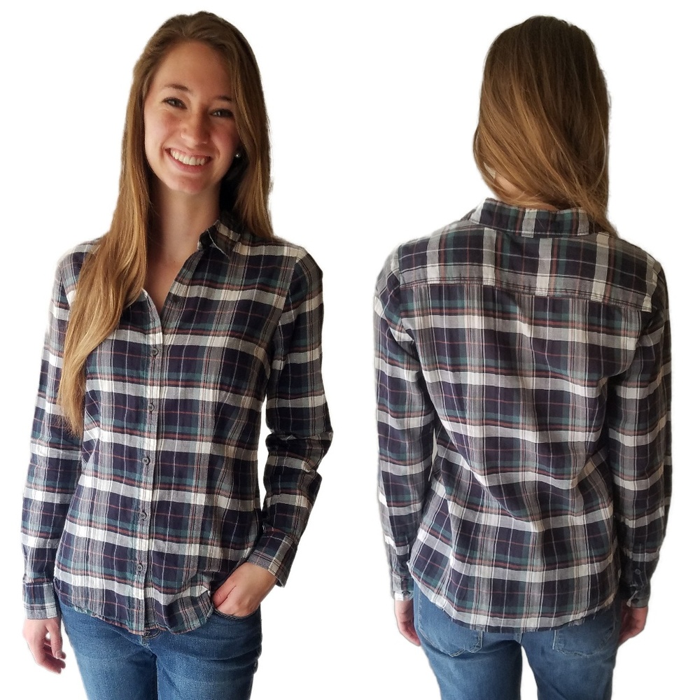 THE LIMITED Blue Green White Plaid Button Down Blouse Shirt Size Medium